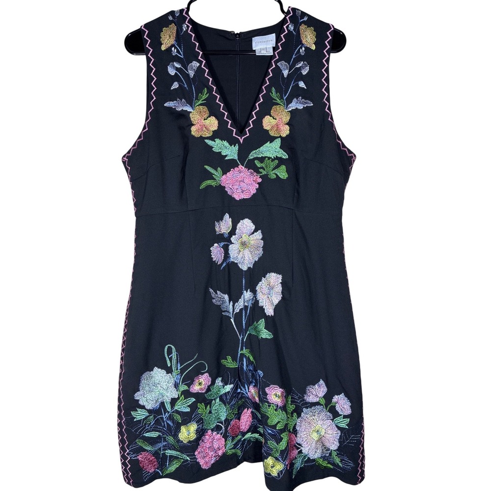 Anthropologie Foxiedox Embroidered Sheath Dress Size 10 Sleeveless Black Mini